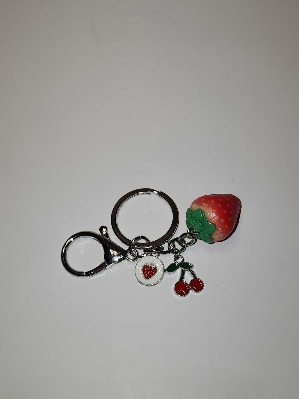 Chloe Strawberry & Cherry Enamel Keychain - Red, Green, Silver